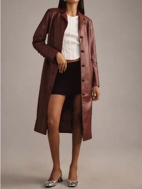 Avec Les Filles Long Faux Leather Trench Coat in Burgundy